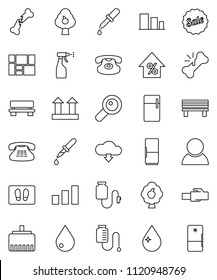 thin line vector icon set - water drop vector, welcome mat, sprayer, percent growth, consolidated cargo, top sign, sorting, classic phone, magnifier, dropper, broken bone, counter, lan connector