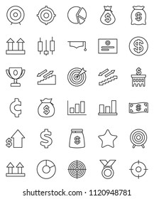 thin line vector icon set - graduate hat vector, award cup, certificate, graph, pie, japanese candle, money bag, dollar growth, bank building, target, cent sign, medal, stairways run, top, favorites
