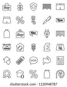thin line vector icon set - jar vector, pen, medal, personal information, pound, muscule hand, shorts, cereals, no hook, weight, barcode, message, low price signboard, smart home, protect, new, open