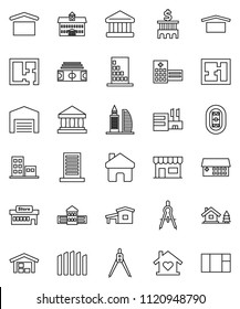 thin line vector icon set - university vector, school building, drawing compass, bank, stadium, dry cargo, hospital, home, cottage, chalet, barn, fence, plan, apartments, office, love, store, mall