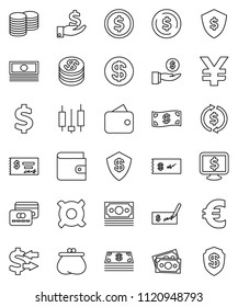 thin line vector icon set - exchange vector, dollar coin, japanese candle, wallet, cash, investment, stack, check, shield, monitor, any currency, euro sign, yen, money, credit card