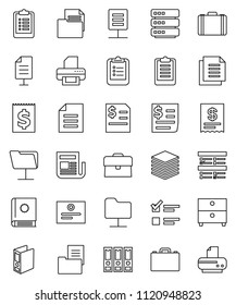 thin line vector icon set - case vector, clipboard, certificate, document, archive, exam, annual report, binder, receipt, newspaper, network folder, big data, estate, catalog, printer