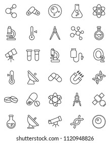 thin line vector icon set - thermometer vector, drawing compass, atom, telescope, microscope, magnet, flask, pills, molecule, oxygen, satellite, antenna, vial, dna, drop counter, ovule