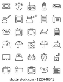 thin line vector icon set - washboard vector, kettle, hand mill, turk coffee, glasses, alarm clock, phone, umbrella, film frame, radio, tv, classic, closed, video camera, sewing machine