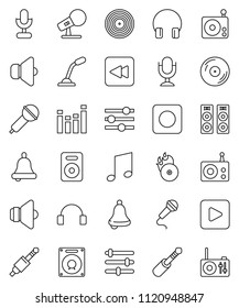 thin line vector icon set - bell vector, music, disk, hit, microphone, radio, speaker, equalizer, headphones, play button, backward, rec, jack