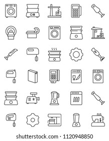 thin line vector icon set - washer vector, washing powder, mixer, double boiler, blender, tomography, gear, construction crane, card reader, dishwasher, coffee maker, meat grinder, sewing machine