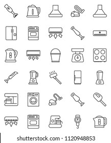 thin line vector icon set - vacuum cleaner vector, bucket, kettle, scales, oven, blender, air conditioner, fridge, washer, coffee maker, hood