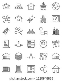thin line vector icon set - molecule vector, bank, building, hierarchy, dna, chromosomes, ovule, connect, big data, plan, apartments, office, home