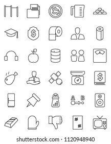 Thin Line Vector Icon Set - Window Cleaning Vector, Toilet Paper, Water Closet, Measuring Cup, Cook Glove, Hand Mill, Chicken Leg, Graduate Hat, Apple Fruit, Pin, Gold Ingot, Annual Report, Scales