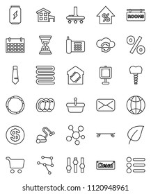 thin line vector icon set - vacuum cleaner vector, plates, towel, presentation, leaf, cart, percent growth, sand clock, tie, skateboard, enegry drink, calendar, hoop, phone, settings, social media