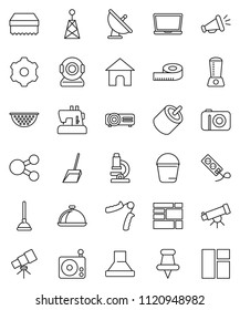 thin line vector icon set - plunger vector, scoop, bucket, sponge, colander, dish, telescope, microscope, measuring, hand trainer, consolidated cargo, satellite antenna, radio, thumbtack, rca, gear