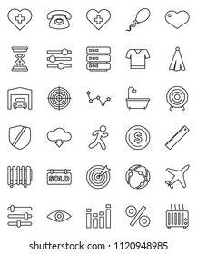 thin line vector icon set - towel vector, ruler, constellation, dollar coin, sand clock, t shirt, target, heart cross, run, plane, protected, equalizer, eye, sperm, connection, big data, garage