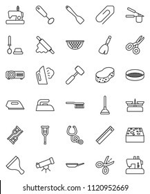 thin line vector icon set - plunger vector, scraper, broom, fetlock, sponge, iron, steaming, toilet brush, pan, colander, cook press, whisk, spatula, rolling pin, meat hammer, sieve, ruler, scissors