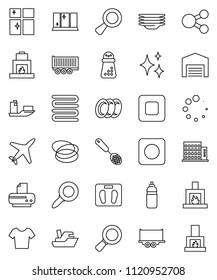 thin line vector icon set - shining vector, plates, window, towel, skimmer, hand mill, magnifier, scales, t shirt, water bottle, hoop, plane, ship, truck trailer, stop button, rec, share, loading