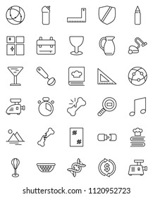 thin line vector icon set - vacuum cleaner vector, window cleaning, agent, shining, colander, cook timer, ladle, cookbook, jug, corner ruler, backpack, music, exchange, punching bag, glass, internet