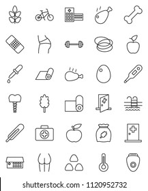 thin line vector icon set - cereal vector, egg, chicken leg, apple fruit, diet, barbell, bike, buttocks, fitness mat, cereals, pool, first aid kit, bone, hoop, thermometer, dropper, patch, epilator