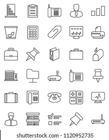 thin line vector icon set - trash bin vector, case, paper pin, exam, manager, binder, phone, clipboard, sorting, classic, thumbtack, diagnostic monitor, network folder, router, attachment, building