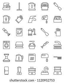 thin line vector icon set - water tap vector, vacuum cleaner, fetlock, mop, sponge, car, washing powder, rubber glove, kettle, spatula, blender, fridge, washer, dishwasher, mixer, coffee maker
