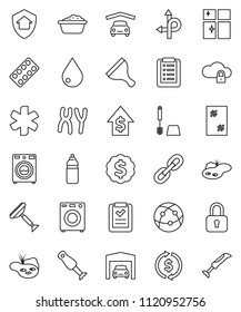 thin line vector icon set - scraper vector, water drop, window cleaning, toilet brush, washer, foam basin, shining, blender, exchange, dollar growth, medal, bottle, route, internet, ambulance star