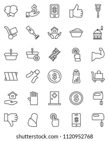 thin line vector icon set - foam basin vector, rubber glove, house hold, hand mill, mixer, blender, dollar coin, investment, trainer, muscule, boxing, touchscreen, finger up, down, crutches, bandage