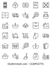thin line vector icon set - scoop vector, washing powder, cereal, pasta, archive, binder, first aid kit, wood box, no trolley, warehouse, package, cargo search, radio, mailbox, relocation truck