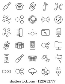thin line vector icon set - molecule vector, satellitie, social media, link, jack, connect, connection, network, disconnection, folder, server, browser, hub, usb modem, share, cloud download, chain