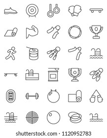 thin line vector icon set - award cup vector, target, barbell, hand trainer, fitball, muscule, snickers, boxing glove, skateboard, sports nutrition, fitness mat, shuttlecock, pool, hoop, run