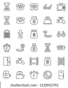 thin line vector icon set - water tap vector, washboard, kettle, glasses, alarm clock, money bag, sand, phone, big scales, film frame, video camera, microphone, classic, fridge, tv