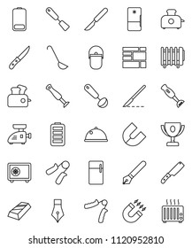 thin line vector icon set - camping cauldron vector, spatula, ladle, knife, blender, dish, pen, award cup, magnet, gold ingot, safe, hand trainer, consolidated cargo, battery, scalpel, fridge