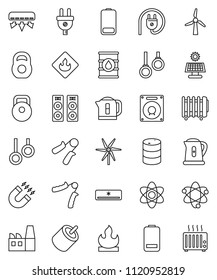 thin line vector icon set - kettle vector, atom, magnet, weight, hand trainer, gymnast rings, flammable, oil barrel, battery, rca, solar panel, windmill, air conditioner, factory, power plug, heater