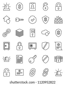 thin line vector icon set - certificate vector, personal information, dollar shield, safe, protected, link, cloud, big data, server, firewall, chain, unlock, key, siren, lock, home protect