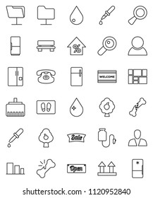 thin line vector icon set - water drop vector, welcome mat, percent growth, consolidated cargo, top sign, sorting, classic phone, magnifier, dropper, broken bone, counter, network folder, bench