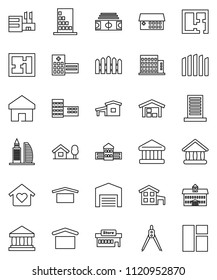 thin line vector icon set - university vector, school building, drawing compass, bank, stadium, dry cargo, hospital, home, cottage, chalet, barn, fence, plan, apartments, office, love, mall, window
