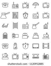 thin line vector icon set - washboard vector, kettle, hand mill, turk coffee, glasses, alarm clock, abacus, phone, umbrella, film frame, radio, tv, classic, video camera, sewing machine