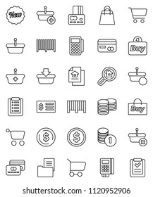 thin line vector icon set - dollar coin vector, cart, credit card, stack, receipt, estate document, search, new, shopping bag, buy, barcode, reader, basket, list