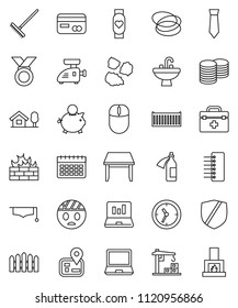 thin line vector icon set - rake vector, sink, garbage pile, graduate hat, laptop graph, piggy bank, coin stack, tie, medal, heart monitor, calendar, hoop, navigator, sea container, clock, protected