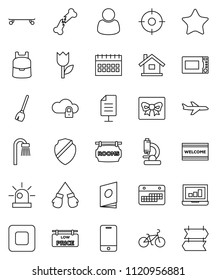 thin line vector icon set - broom vector, welcome mat, microwave oven, backpack, laptop graph, calendar, bike, boxing glove, skateboard, plane, tulip, mobile phone, favorites, stop button, shield