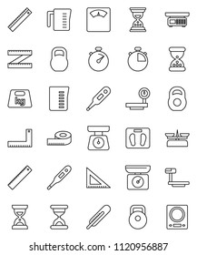 thin line vector icon set - measuring cup vector, scales, corner ruler, sand clock, stopwatch, weight, big, thermometer, store, kitchen