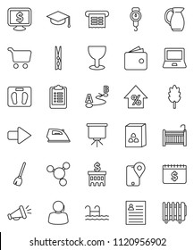thin line vector icon set - broom vector, clothespin, iron, scales, jug, cereal, graduate hat, notebook pc, presentation, personal information, molecule, cart, wallet, percent growth, bank building