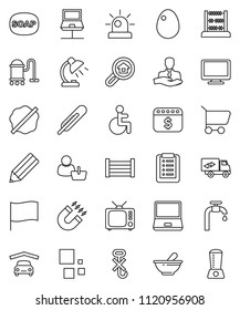 thin line vector icon set - soap vector, vacuum cleaner, splotch, egg, pencil, table lamp, magnet, abacus, flag, dollar calendar, client, wood box, no hook, tv, monitor, notebook pc, disabled, cart