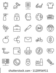thin line vector icon set - vacuum cleaner vector, sprayer, knife, jug, glasses, case, compass, presentation, world, wallet, dollar medal, diet, bike, t shirt, molecule, big scales, head bandage