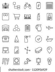 thin line vector icon set - vacuum cleaner vector, sponge, bath, sprayer, cleaning agent, towel, jug, cereal, university, notebook pc, presentation, personal information, constellation, cart, scales