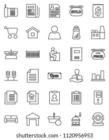 thin line vector icon set - hand mill vector, copybook, student, document, graph, personal information, clipboard, client, sea container, receipt, warehouse, newspaper, server, user, estate, factory