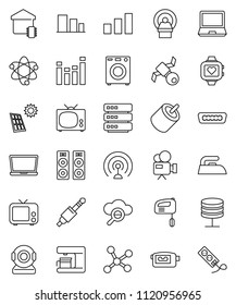 thin line vector icon set - iron vector, atom, heart monitor, satellite, sorting, antenna, tv, equalizer, video camera, rca, hdmi, jack, tomography, network, server, cloud glass, big data, washer