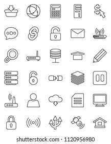 thin line vector icon set - pencil vector, calculator, document, dollar cursor, dry cargo, satellitie, pause button, connection, network server, big data, router, message, cloud download, mail, user