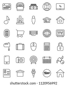 thin line vector icon set - plates vector, scales, mixer, music, world, case, annual report, calculator, man, stadium, target, calendar, satellite, dry cargo, tv, mobile phone, notebook pc, globe