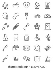 thin line vector icon set - flask vector, heart cross, first aid kit, oxygen, doctor bag, disabled, thermometer, vial, dna, magnifier, dropper, crutches, broken bone, pills, bottle, mortar, potion