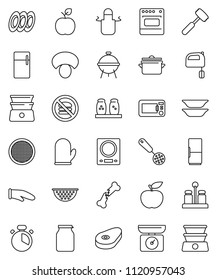 thin line vector icon set - pan vector, colander, apron, cook glove, timer, skimmer, meat hammer, mixer, double boiler, spices, bbq, plates, sieve, jar, mushroom, steak, apple fruit, diet, fridge