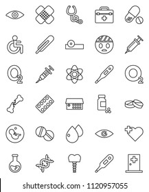 thin line vector icon set - atom vector, flask, pills vial, heart cross, oxygen, doctor bag, disabled, thermometer, eye, dna, pregnancy, syringe, broken bone, patch, stethoscope, blister, hat