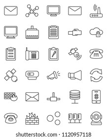 thin line vector icon set - clipboard vector, satellite, satellitie, loudspeaker, classic phone, connect, network, server, cloud lock, firewall, router, lan connector, share, refresh, mail, tap pay